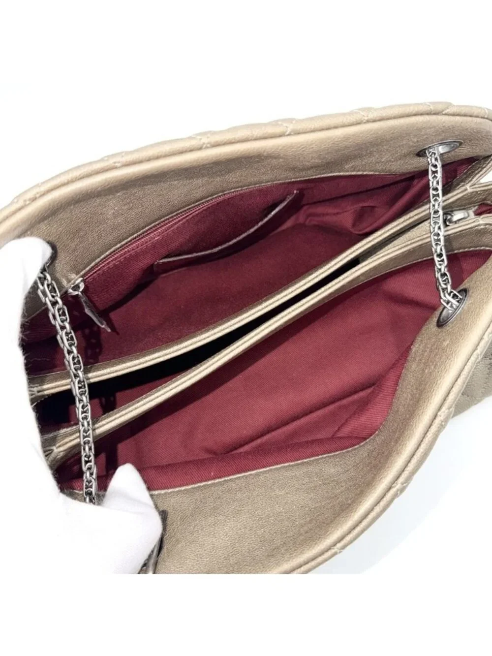 Chanel Quilted Mademoiselle Bowling Bag Metallic Leather Brown Silver